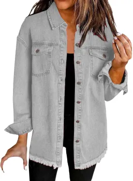 Womens Oversized Button Up Frayed Hem Shacket Long Sleeve Denim Shirts Pockets Denim Jean Jacket 2025 Summer Outfits