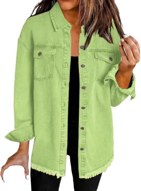 Womens Oversized Button Up Frayed Hem Shacket Long Sleeve Denim Shirts Pockets Denim Jean Jacket 2025 Summer Outfits