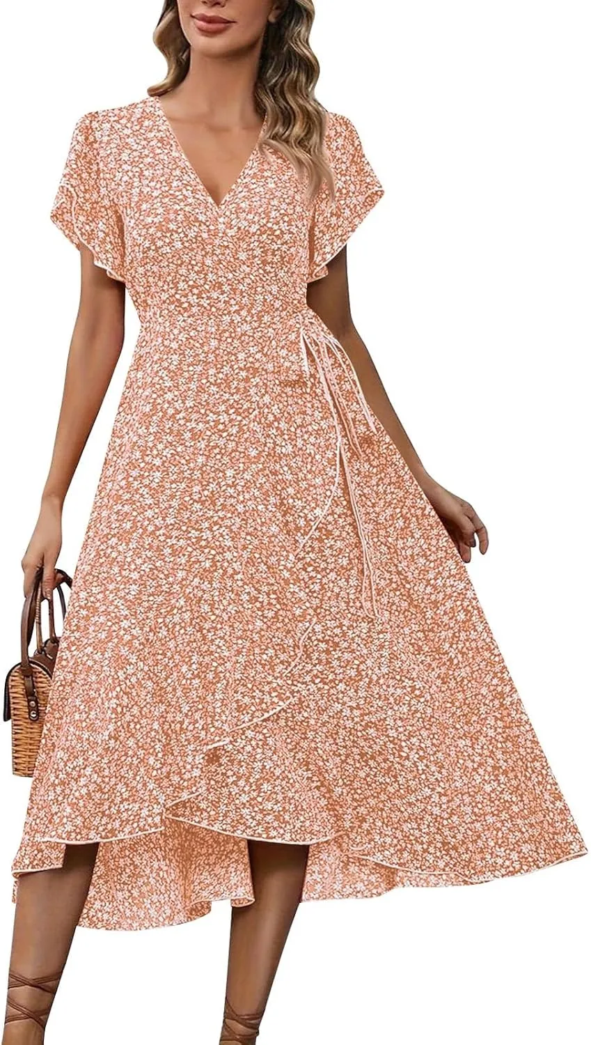 Womens Summer Boho Floral Wrap Dresses for Women 2025 V Neck Ruffle Sleeve High Waist Tie Flowy Vacation Sundress