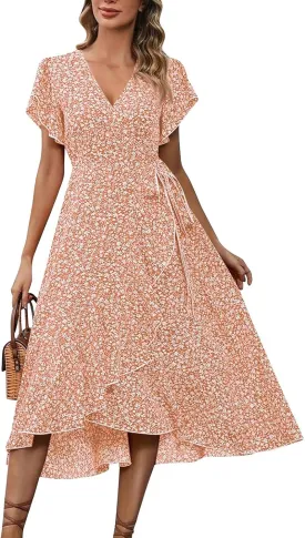 Womens Summer Boho Floral Wrap Dresses for Women 2025 V Neck Ruffle Sleeve High Waist Tie Flowy Vacation Sundress