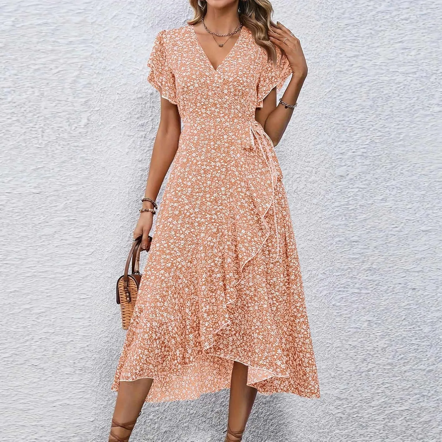 Womens Summer Boho Floral Wrap Dresses for Women 2025 V Neck Ruffle Sleeve High Waist Tie Flowy Vacation Sundress