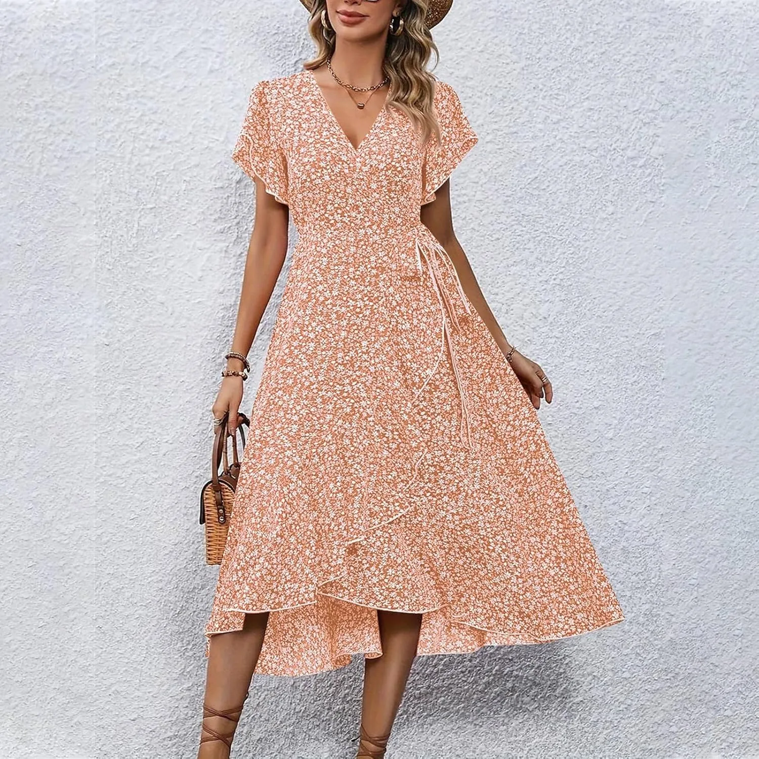 Womens Summer Boho Floral Wrap Dresses for Women 2025 V Neck Ruffle Sleeve High Waist Tie Flowy Vacation Sundress
