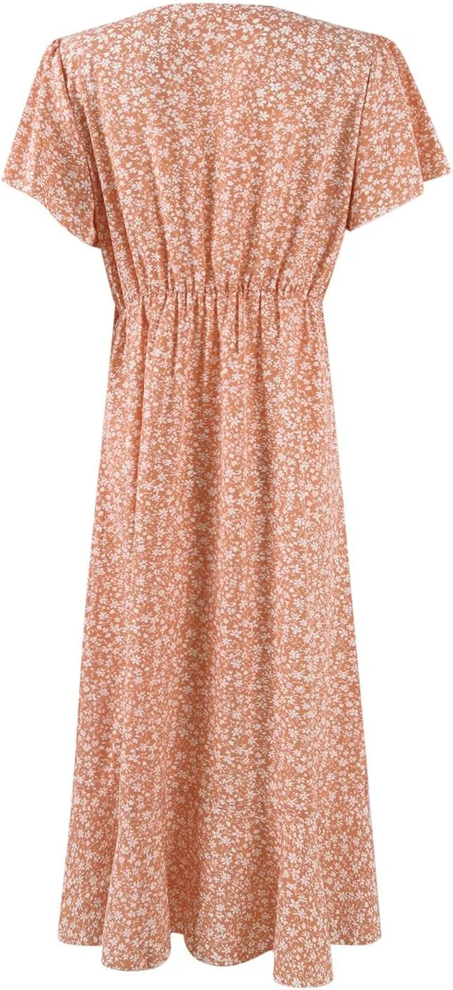 Womens Summer Boho Floral Wrap Dresses for Women 2025 V Neck Ruffle Sleeve High Waist Tie Flowy Vacation Sundress