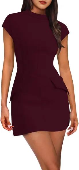 Womens Summer Slim Fit Dress Mock Round Neck Short Sleeve Bodycon Party Club Mini Dresses with Pockets Casual 2025