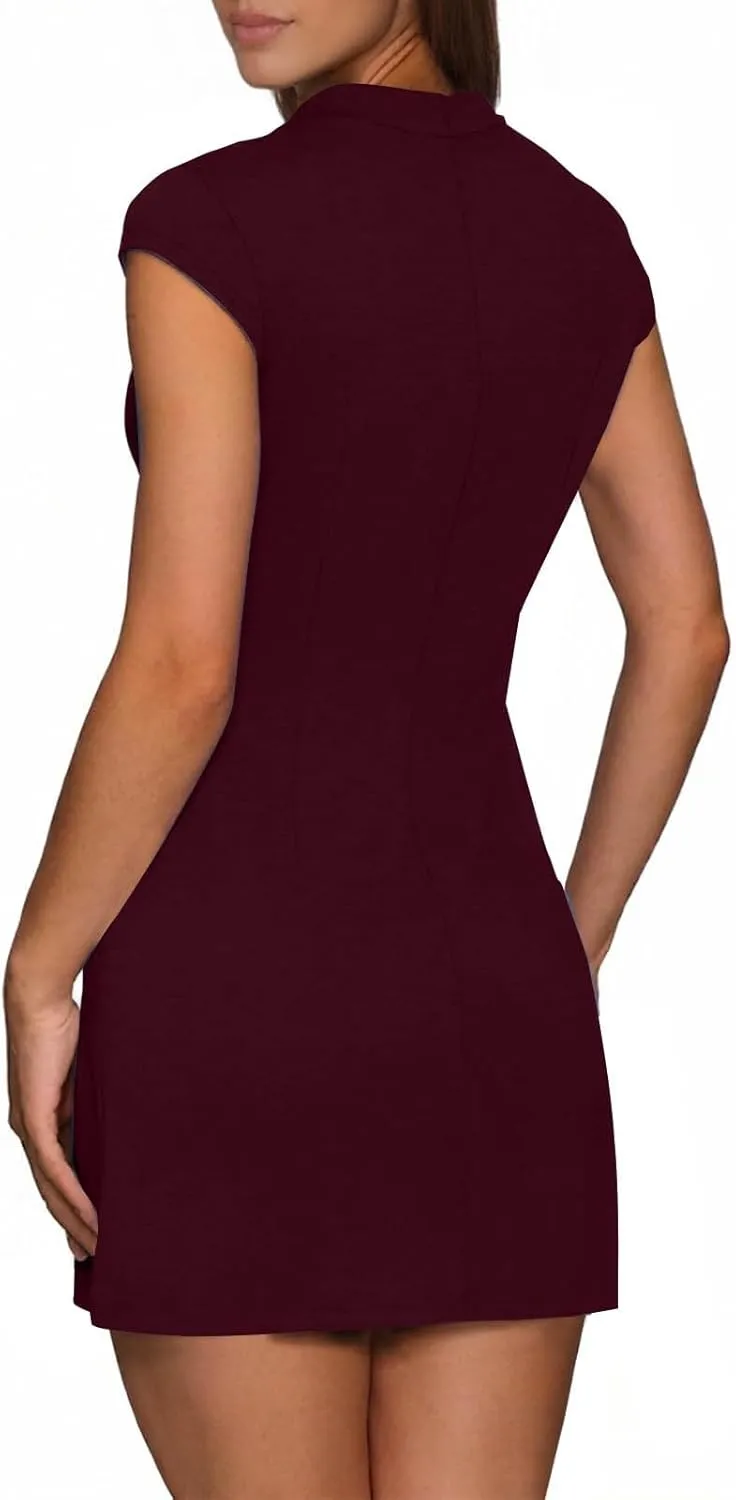 Womens Summer Slim Fit Dress Mock Round Neck Short Sleeve Bodycon Party Club Mini Dresses with Pockets Casual 2025