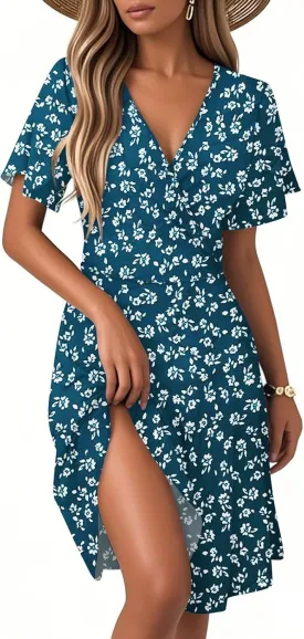 Womens Sundress 2025 Spring Summer Floral Outfits Beach Vacation Clothes Short Sleeve Wrap V Neck A-Line Knee Length Dress