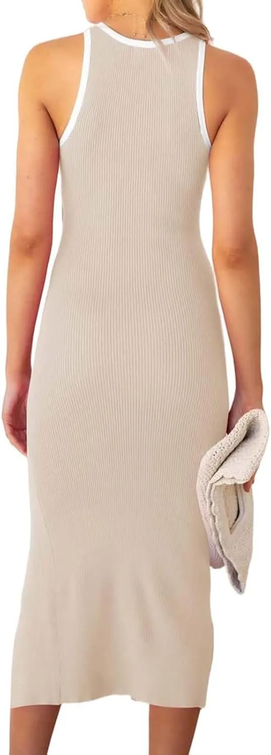ZWRXW Womens Bodycon Dress Sleeveless Crewneck Cutout Bodycon Ribbed Knit Tank Top Slit Party Long Dresses Outfits