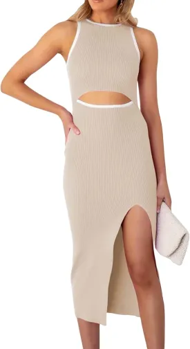 ZWRXW Womens Bodycon Dress Sleeveless Crewneck Cutout Bodycon Ribbed Knit Tank Top Slit Party Long Dresses Outfits